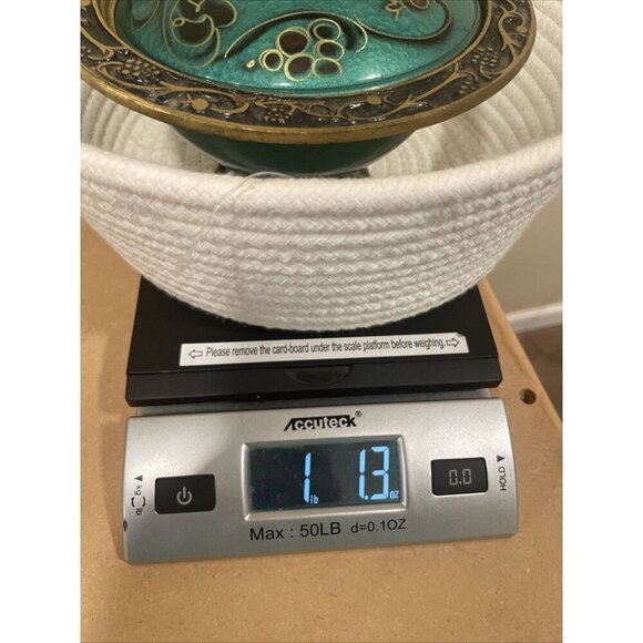 Vintage Israeli Turquoise & Brass Decorative Bowl w/ Lid Heart Handle - Picture 8 of 8